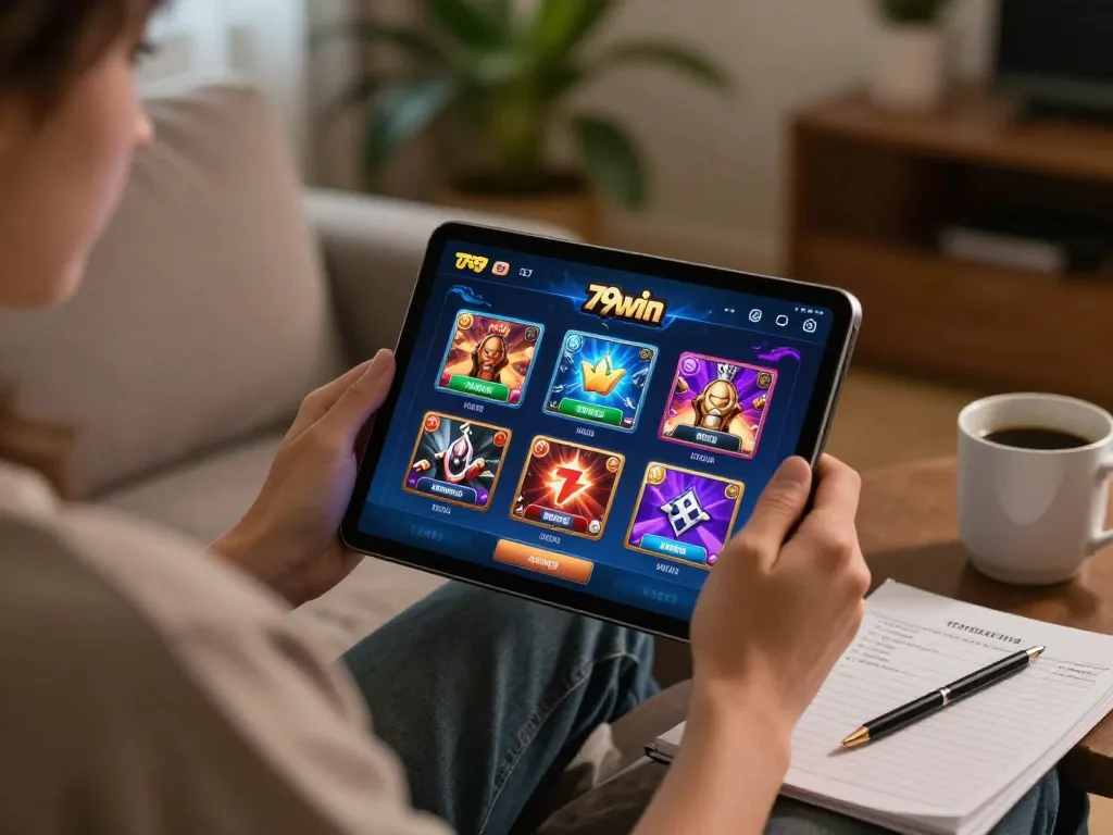 Player engaging with 79win on a tablet in a cozy home setting, highlighting online gaming