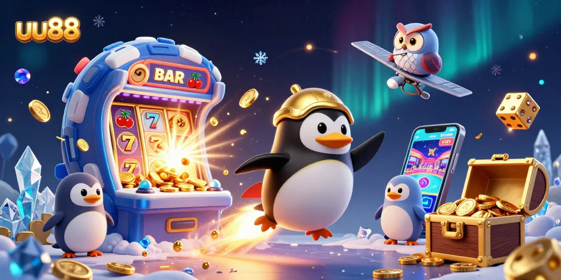 uu88 features a dynamic 3D casino scene with a golden penguin and a massive slot machine.