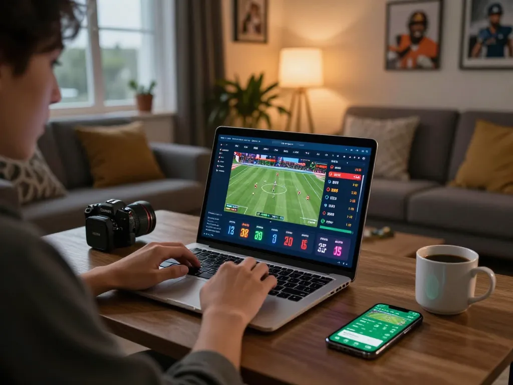 Engaged bettor using Xoilac for live sports betting with dynamic match updates on laptop.
