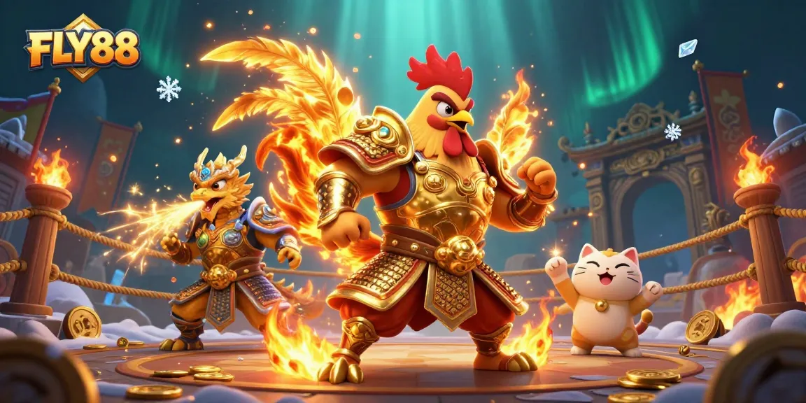 Experience thrilling gaming action with FLY88 featuring a rooster warrior, dragon, and casino elements.