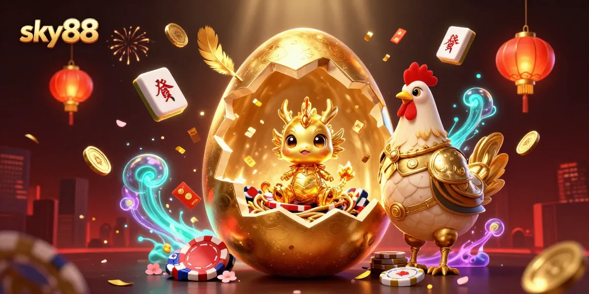 Experience exhilarating gaming with sky88's dazzling golden dragon amidst vibrant casino elements.