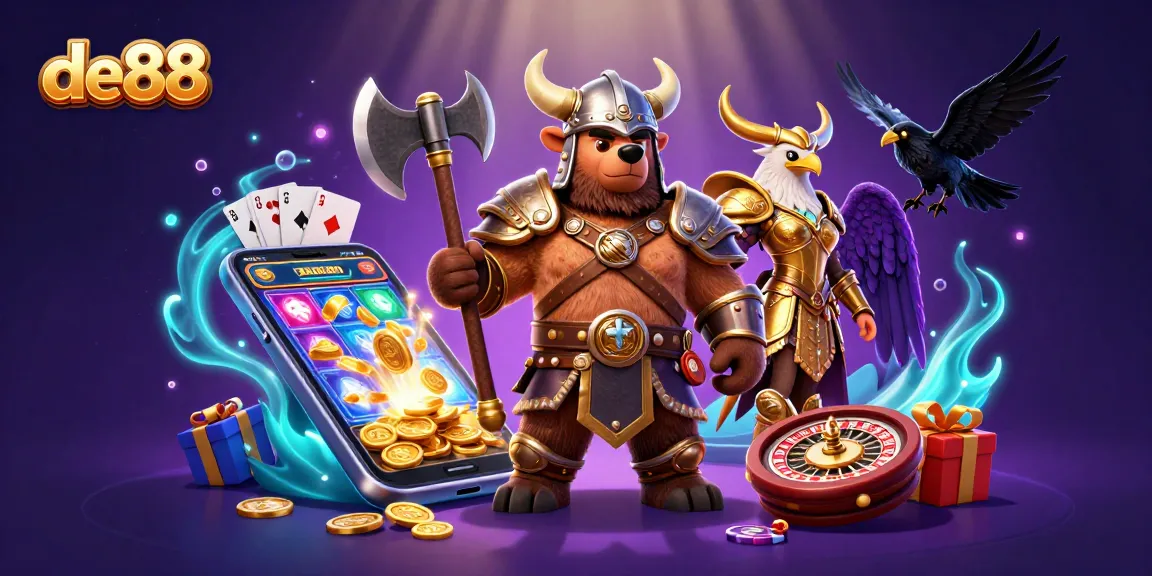 Play thrilling games at de88 with an adventurous Viking and a Valkyrie eagle amidst a vibrant casino world