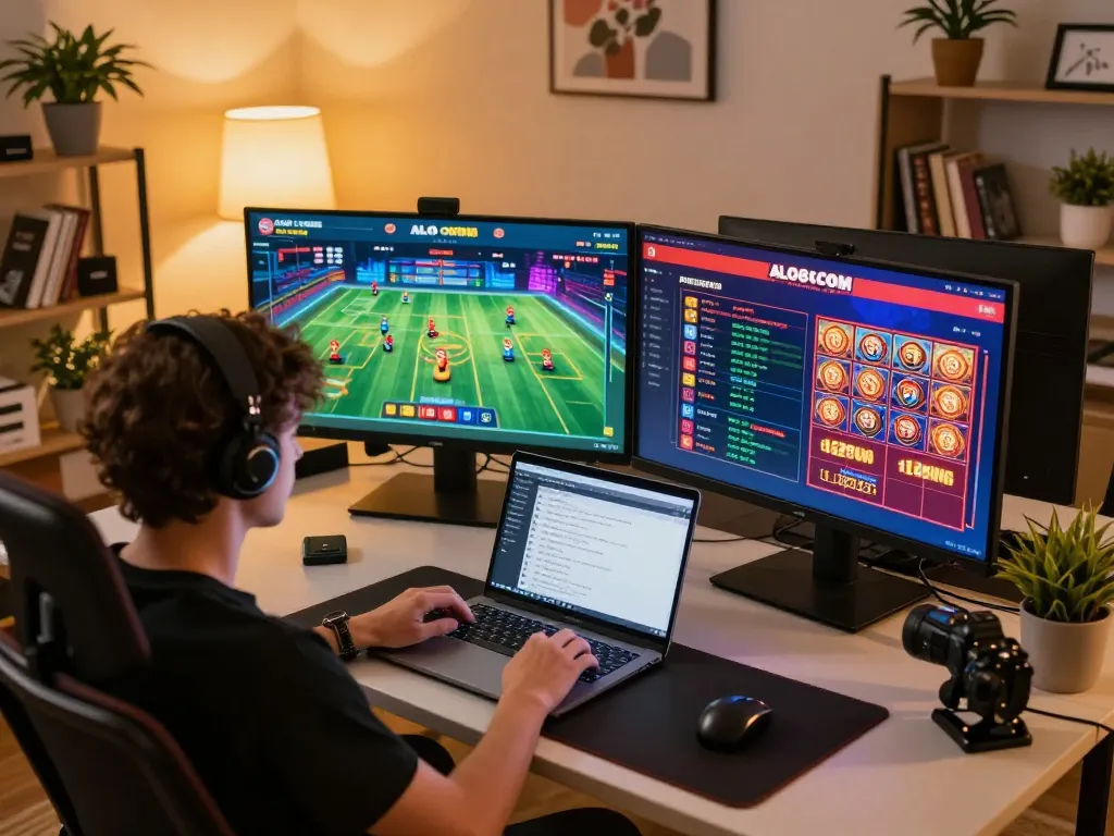 A player actively engages with ALO8 COM online gambling on multiple devices, showcasing a thrilling gaming experience