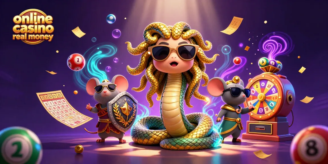 Engage in online casino real money games with Medusa, a warrior mouse & lottery elements in a vibrant 3D scene.
