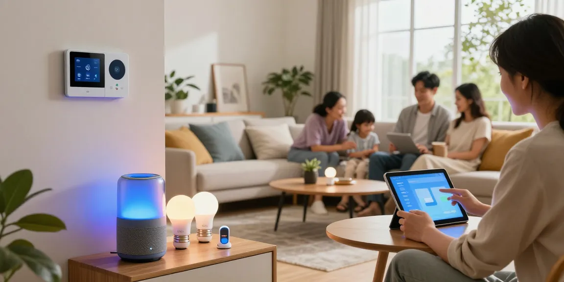 A cozy living room featuring the best smart home gadgets 2026, including a smart speaker, colorful LED lights, and a smart thermostat, enhancing comfort and convenience.
