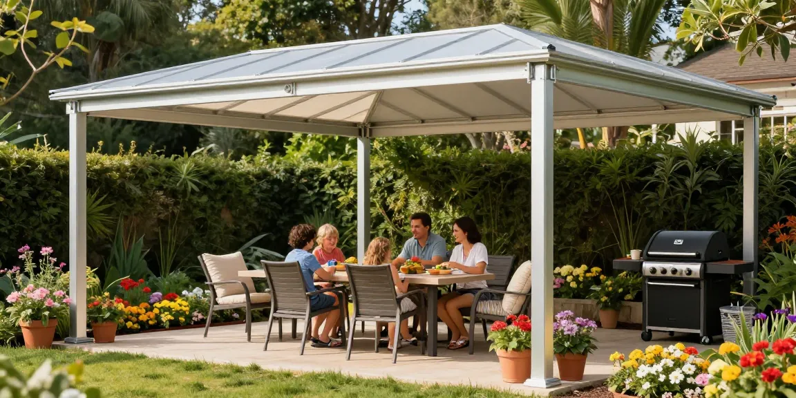 Terrassenüberdachung freistehend im Garten mit Familie beim Essen