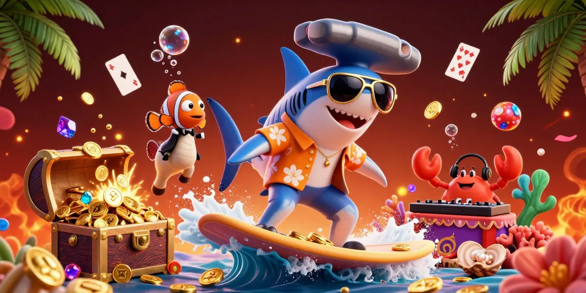 Surf on gold coins with XO88 featuring a shark, clownfish, and crab DJ in a vibrant casino scene.