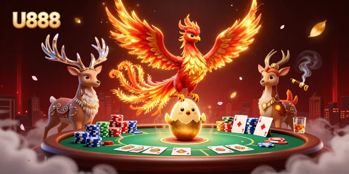 U888 players enjoy dynamic poker setting with phoenix characters and vibrant casino elements.