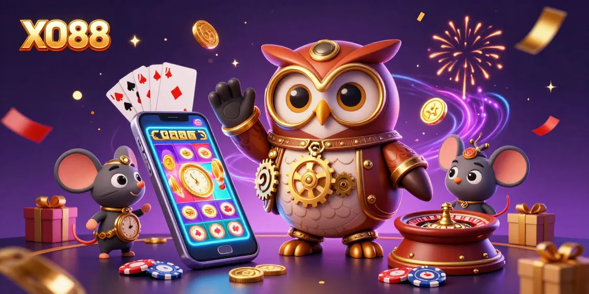 Engaging 3D scene with a steampunk owl promoting XO88 casino games featuring colorful slot reels and festive effects.
