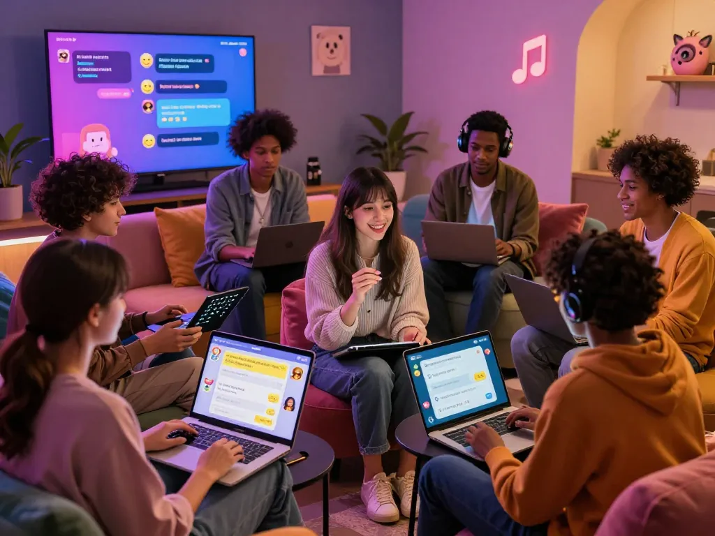 Interactive 18+ AI chatroom with diverse users engaging in playful conversations, showcasing modern digital interactions.