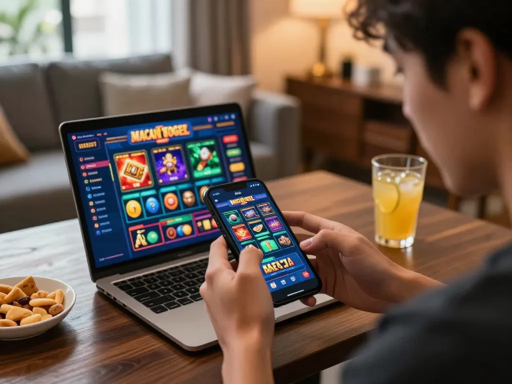 Player engaging with macan togel on smartphone in a modern urban gaming setup.