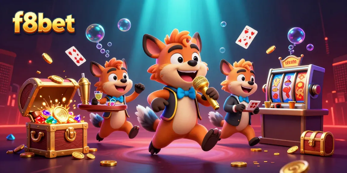 Experience thrilling fun at f8bet's comedy casino with hyena characters, golden slots, and vibrant colors.