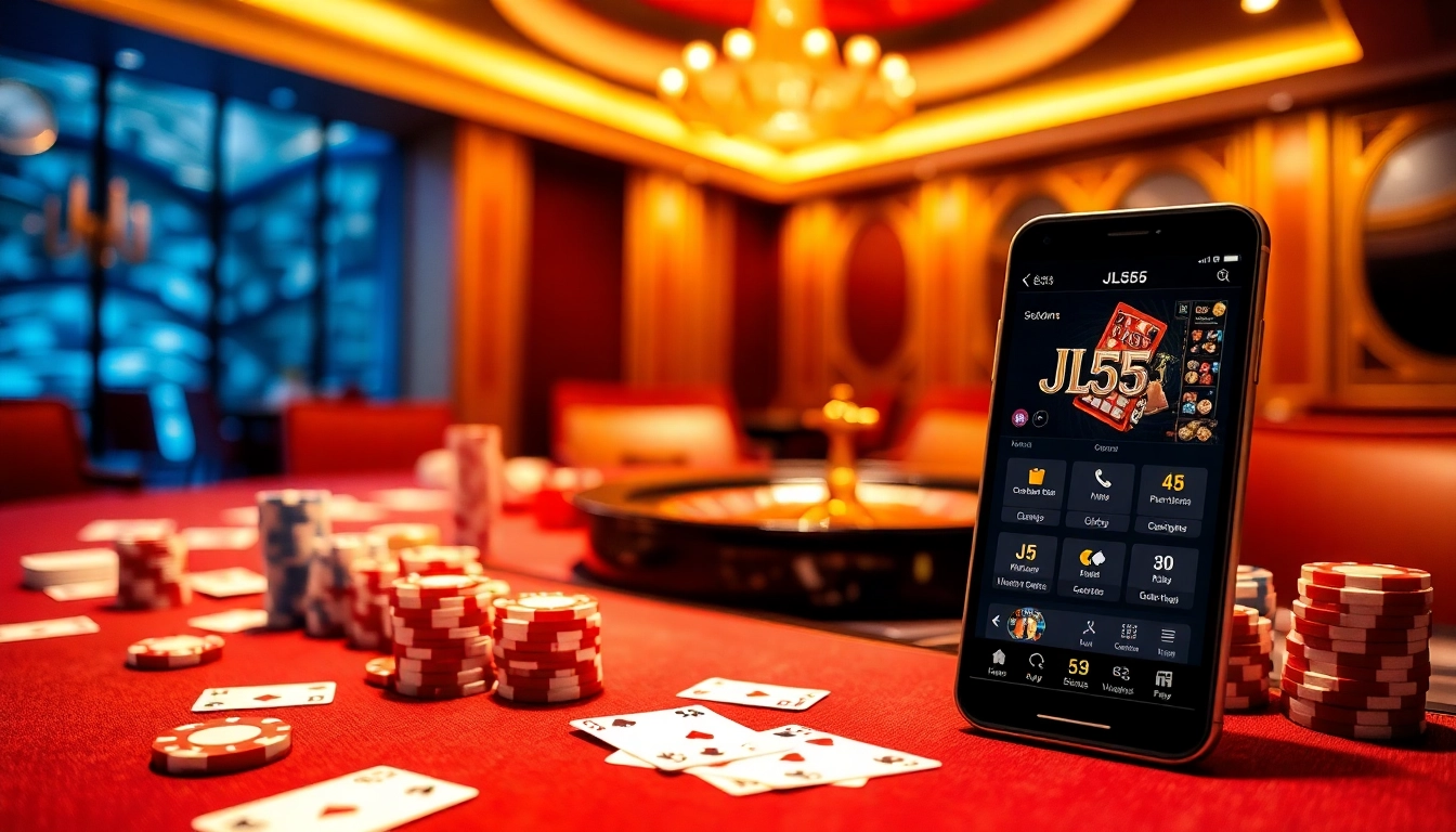 Experience the excitement of the jl55 app with a vibrant casino scene featuring roulette, cards, and mobile gaming.