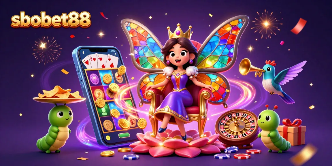 sbobet88 showcases vibrant 3D casino scene with a butterfly queen among gaming elements
