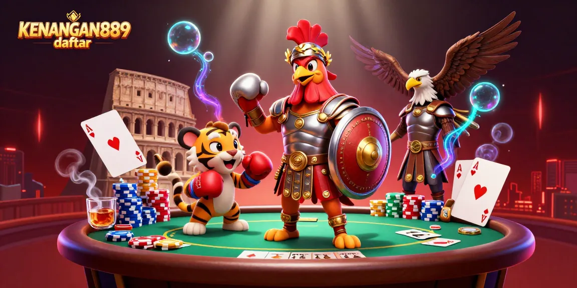 Play exciting games at KENANGAN889 daftar, featuring a colorful casino illustration full of action.