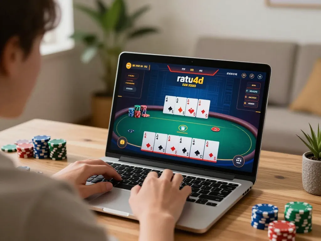 Player engaging in an exciting ratu4d online poker game on a laptop in a cozy home office