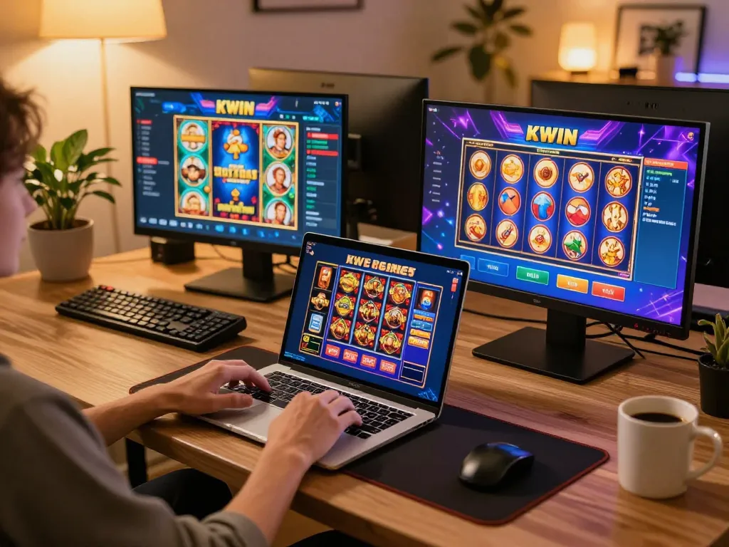 KWIN player enjoying online casino games on a laptop at home, surrounded by a cozy atmosphere.