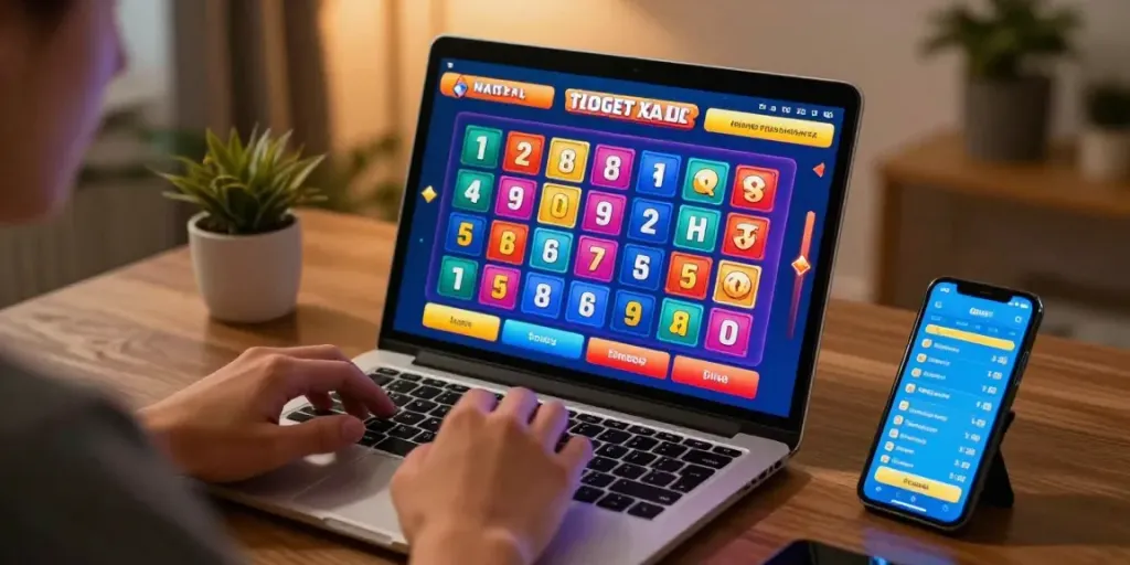 Aktivitas togel online di laptop dengan elemen digital berwarna-warni.