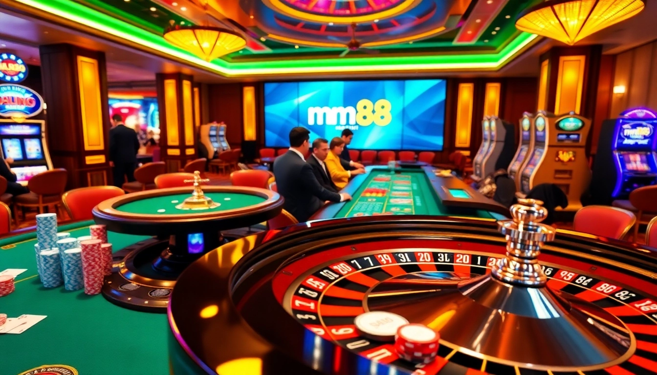 mm88 casino players enjoying a lively roulette game with colorful chips and promotional displays.