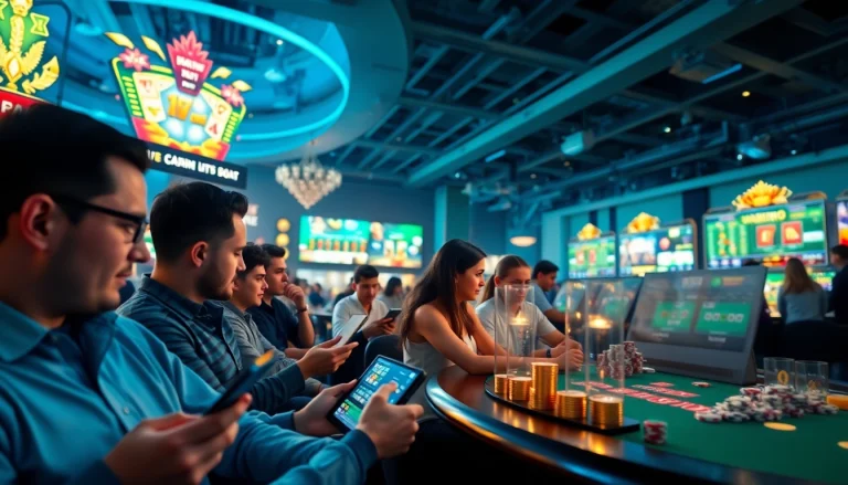 Escena dinámica de juegos en línea en 79king que muestra coloridos tragamonedas de casino y apuestas deportivas.