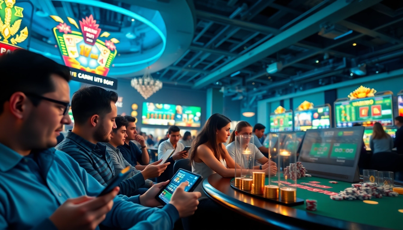 Escena dinámica de juegos en línea en 79king que muestra coloridos tragamonedas de casino y apuestas deportivas.