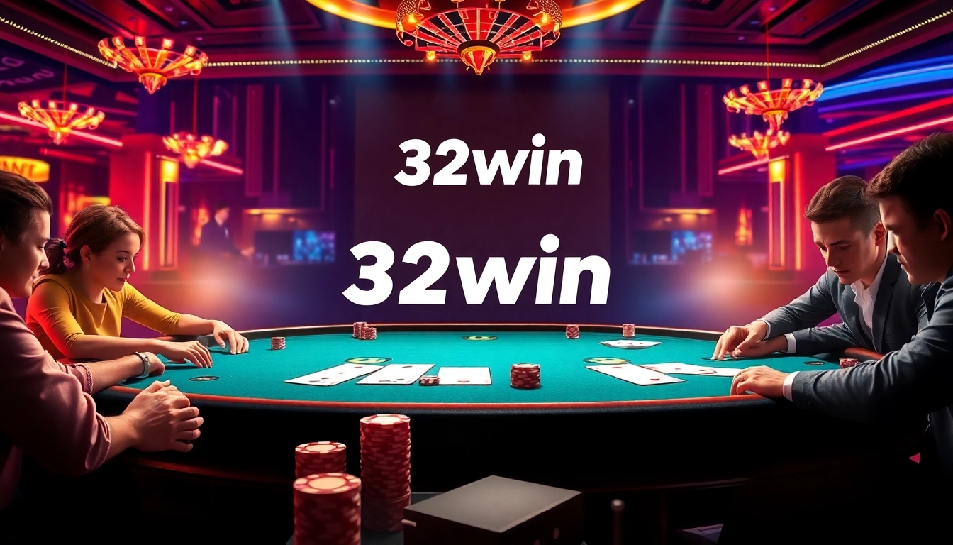 Players enjoy a high-stakes game at a glamorous 32win casino table.