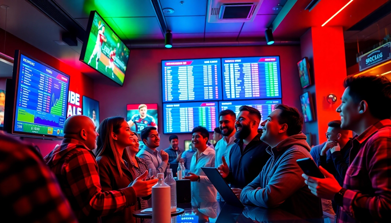 Experience online Betting in a vibrant sports lounge with enthusiastic players and dynamic screens.
