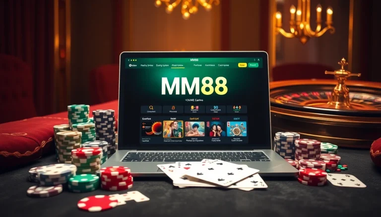 Experience the excitement of mm88 casino with poker chips and cards in a luxurious setting.
