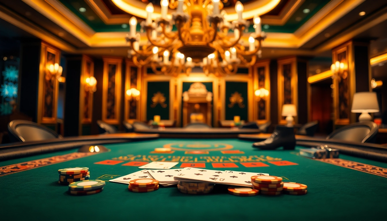 Engaging scene at a Blackjack Casino showcasing elegant table with cards and chips.