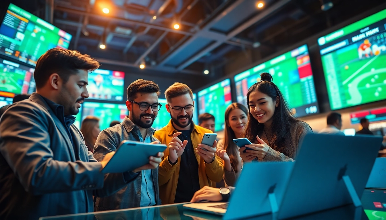 Engaging scene of sports betting, featuring bettors analyzing odds in a vibrant sportsbook.