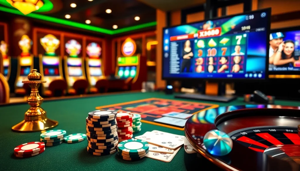 Engaging players at XX88 enjoy high-stakes poker and roulette in a luxurious casino setting.