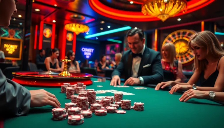Enthusiastic players engage in an upscale casino game scene inspired by OK8386 with vibrant poker chips.