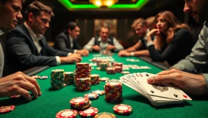 Poker Game scene showcasing players intensely focused on their colorful poker chips and cards.