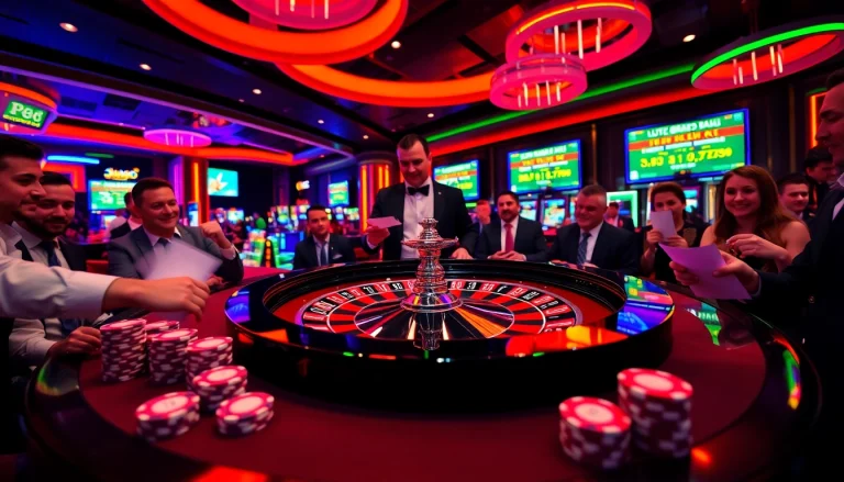 Experience the thrill at Jun88.buzz with players placing bets at a vibrant roulette table.