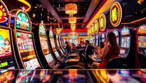 Bermain Slot Game yang seru dengan mesin slot berwarna-warni dan suasana kasino yang meriah.