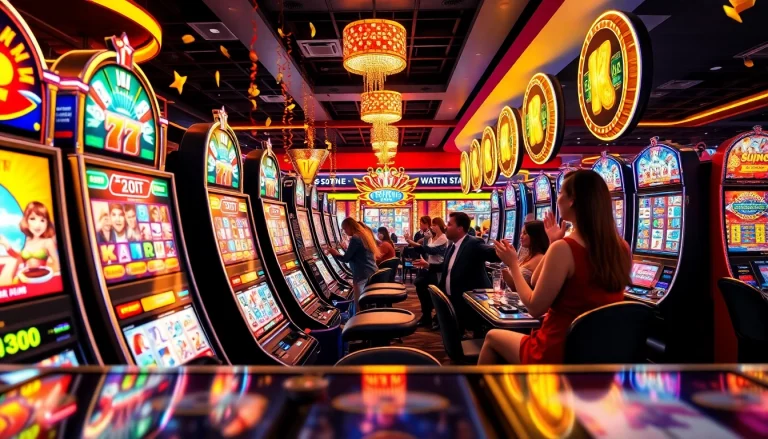 Bermain Slot Game yang seru dengan mesin slot berwarna-warni dan suasana kasino yang meriah.