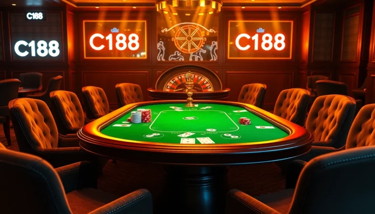Exciting casino scene featuring a poker table and roulette wheel at https://c168.design/ with vibrant lighting and rich decor