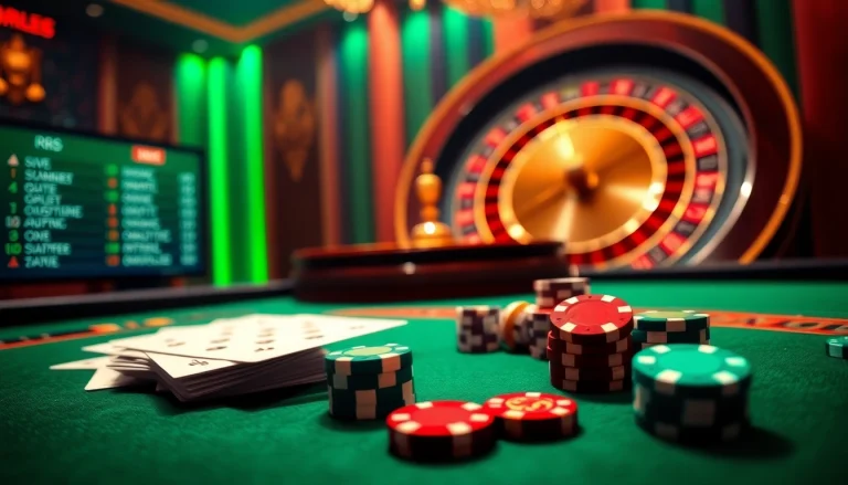 Engaging scene of luxury gaming at RR88 with poker chips, cards, and roulette wheel highlighting online betting excitement.
