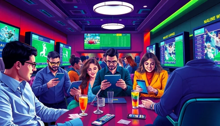 Engaging scene of online Betting enthusiasts enjoying a virtual gaming experience in a vibrant lounge.