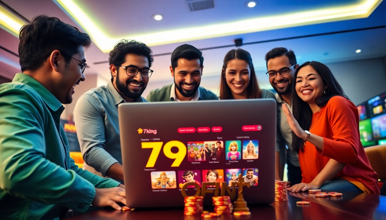 Diverse group analyzing the 79king online betting platform showcasing a vibrant gambling environment.