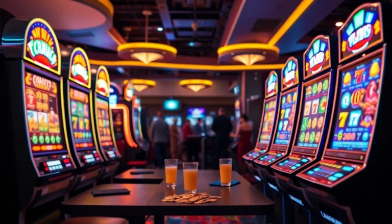 Slot Game menampilkan mesin slot berwarna-warni di lingkungan kasino yang cerah.