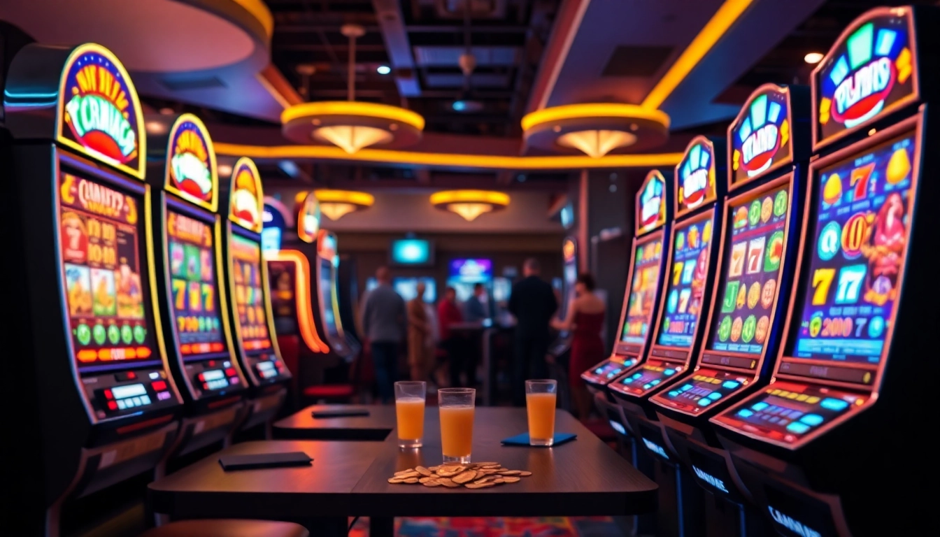 Slot Game menampilkan mesin slot berwarna-warni di lingkungan kasino yang cerah.