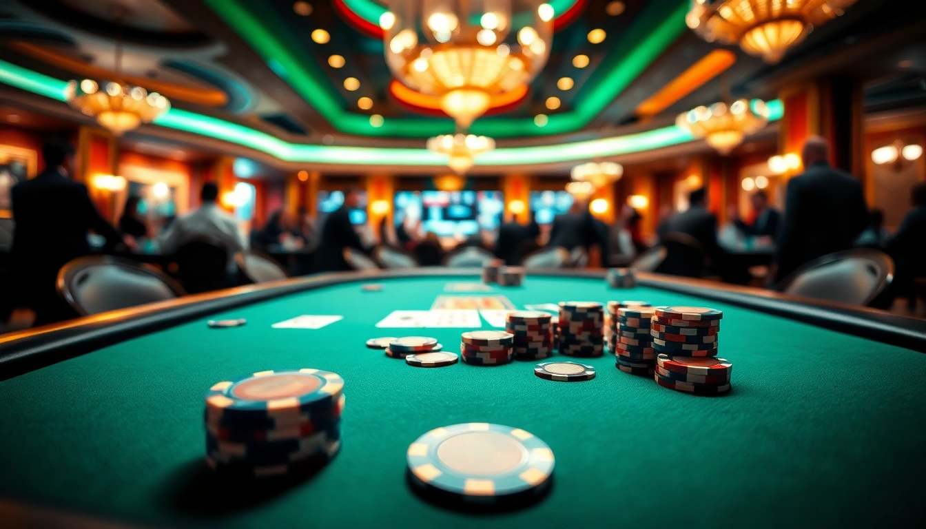 Engaging casino ambiance showcasing a poker table setup with vibrant chips and cards.