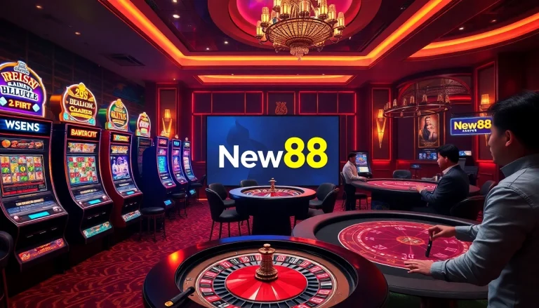New88 casino scene showcasing thrilling slot machines and live dealer games.