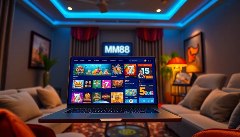 Interactive online gambling interface with mm88 branding in a cozy gaming room setting.