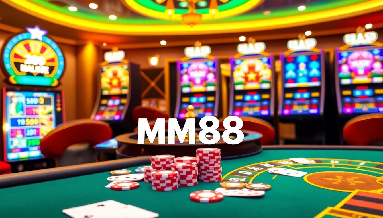 MM88 online casino scene with vibrant animations, poker chips, and a roulette wheel.