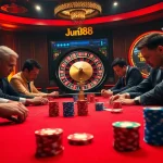 Jun88 poker game in action with excited players and vibrant chips.