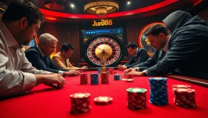 Jun88 poker game in action with excited players and vibrant chips.