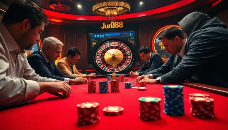 Jun88 poker game in action with excited players and vibrant chips.