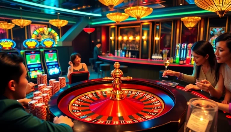 Experience high-stakes excitement at a luxurious casino featuring OK8386-inspired roulette and slot machines.
